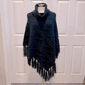 New York & Company Knit Asymmetrical Cowl Neck  Fringe Poncho